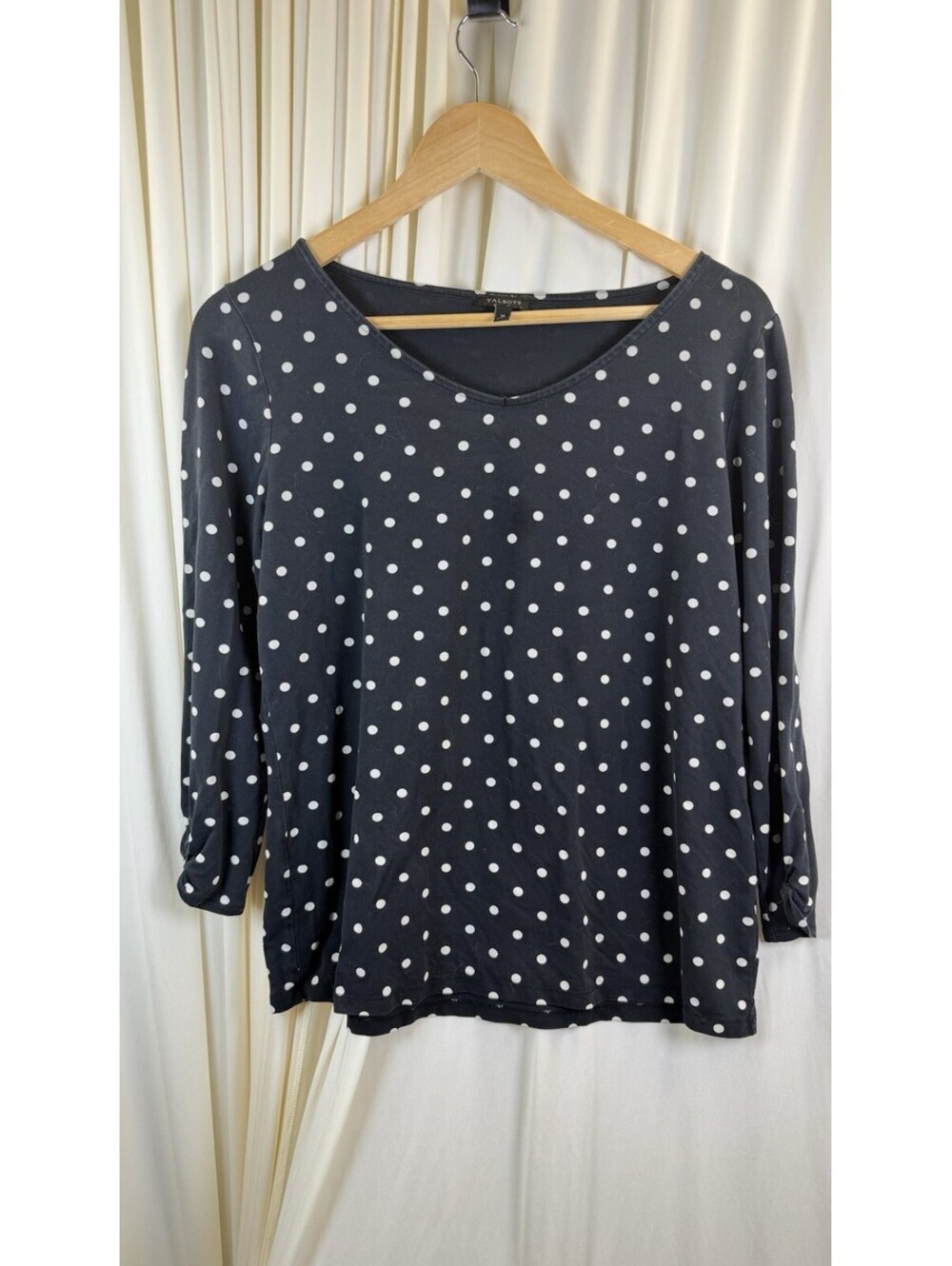 Talbots Black W Cream Polka Dots 3/4 Tab Sleeve Sz Med Classic Style